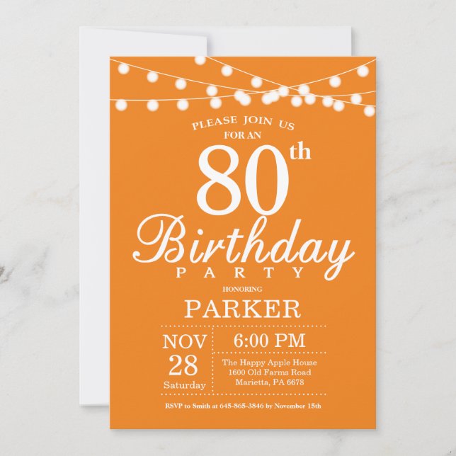 80th Birthday Invitation Orange (Front)