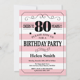 80th Birthday Invitation Pink and White Stripes