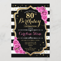80th Birthday Invitation Pink Black White Stripes