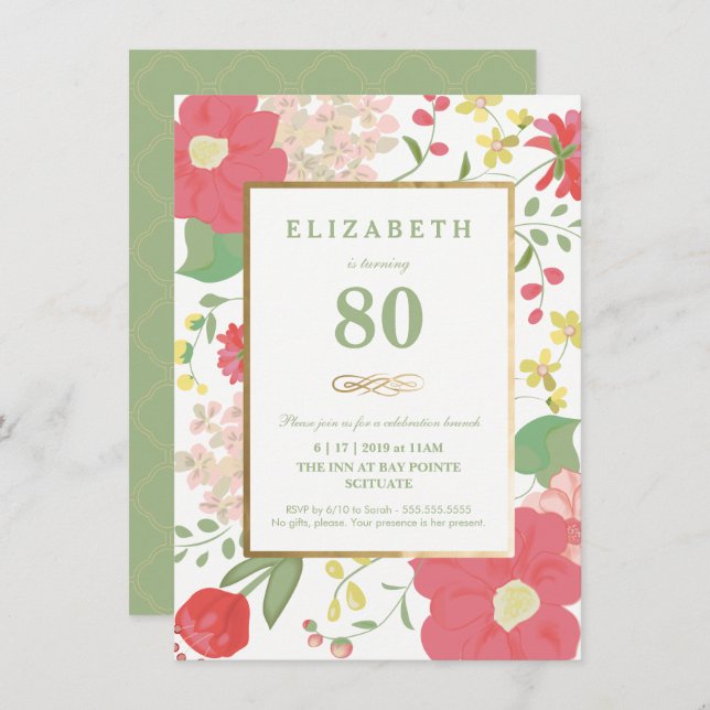 80th Birthday Invitation - Pretty Floral Eightieth (Front/Back)