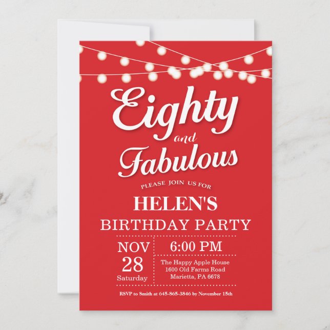 80th Birthday Invitation Red Fabulous (Front)