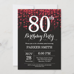 80th Birthday Invitation Red Glitter