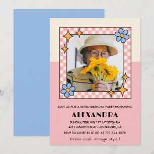 80th birthday invitation Retro Groovy Pink Flowers