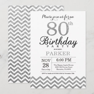 80th Birthday Invitation Silver Glitter