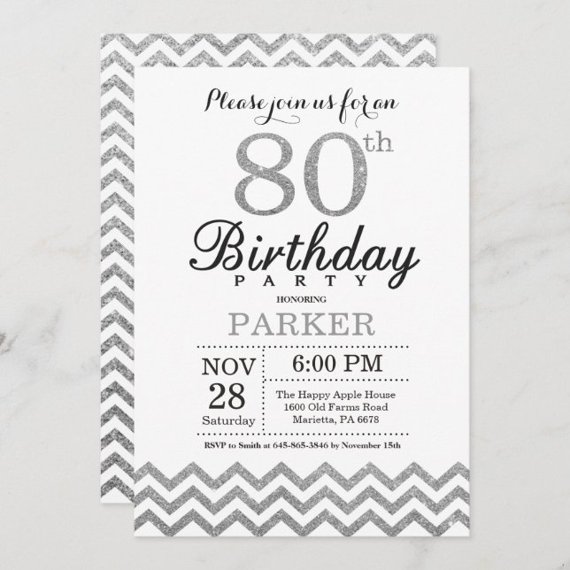80th Birthday Invitation Silver Glitter (Front/Back)