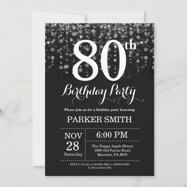 80th Birthday Invitation Silver Glitter (Front)