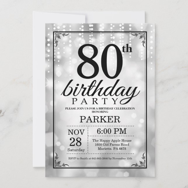 80th Birthday Invitation Silver Glitter (Front)