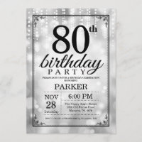 80th Birthday Invitation Silver Glitter