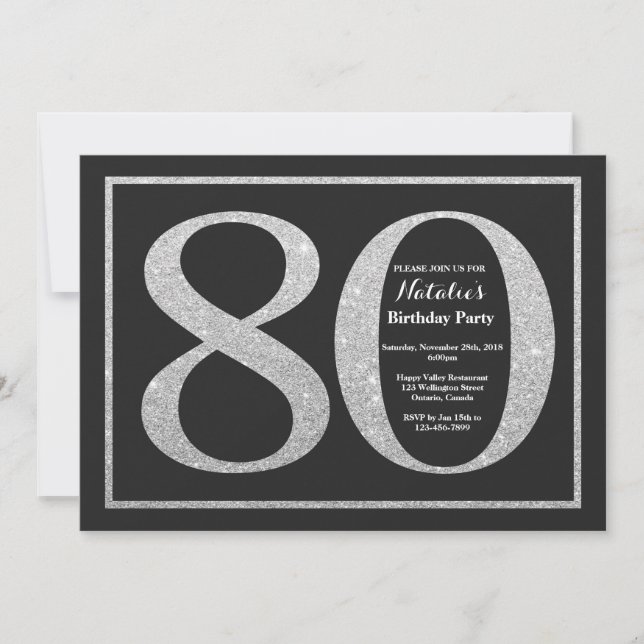 80th Birthday Invitation Silver Glitter Chalkboard (Front)