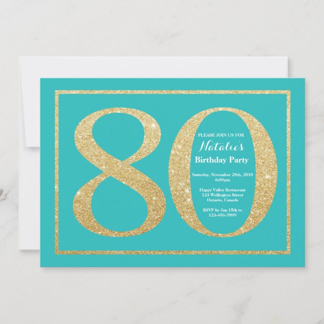 80th Birthday Invitation Teal and Gold Glitter (Front)
