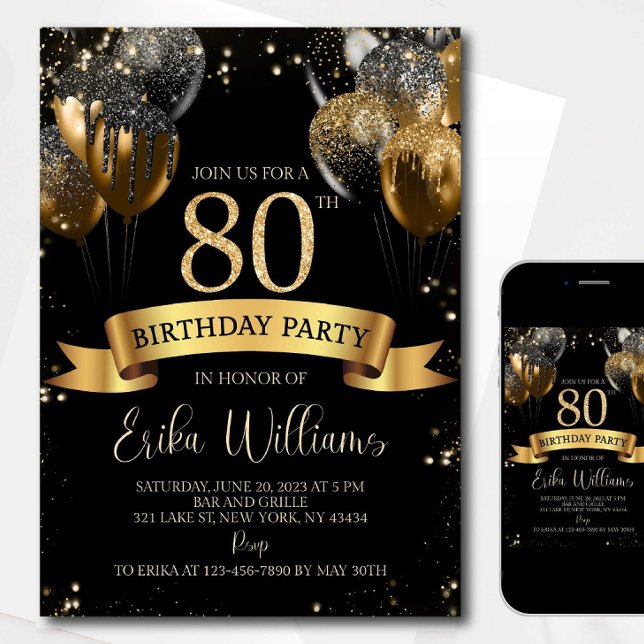 80th Birthday Invitation Template: Black Gold Ball (Creator Uploaded)