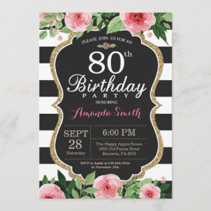 80th Birthday Invitation Women. Floral Gold Black