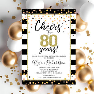 80th birthday invitations, black and gold cheers invitation