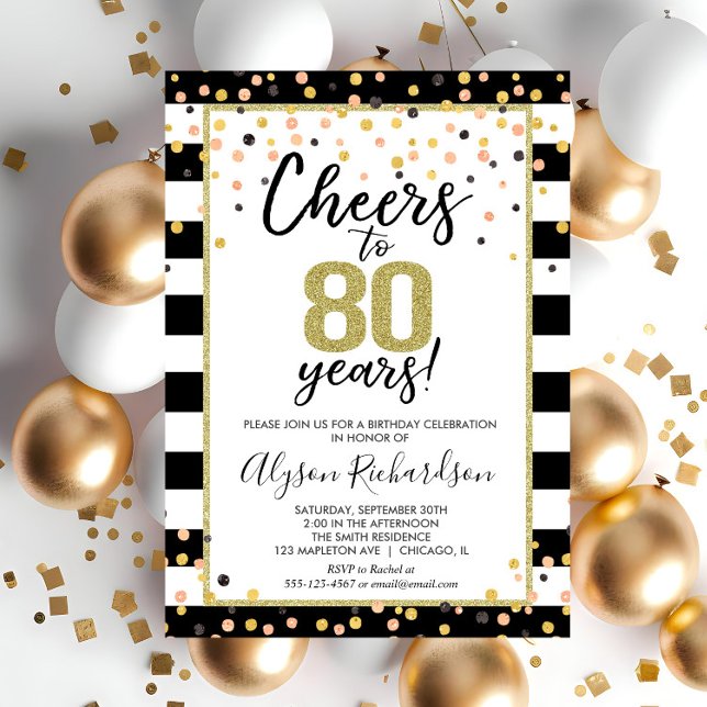 80th birthday invitations, black and gold cheers invitation (Creator Uploaded)