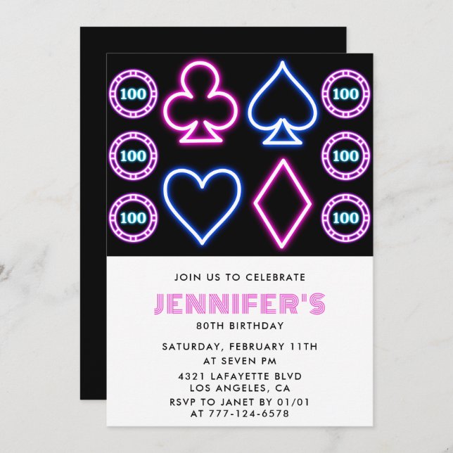 80th birthday invitations Casino theme Poker Girl (Front/Back)