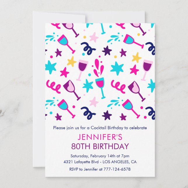 80th birthday invitations Cocktail Modern Pink (Front)