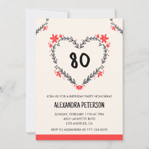 80th birthday invitations for her floral heart