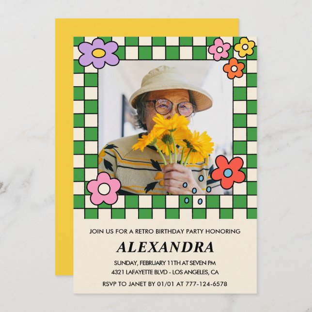 80th birthday invitations Retro Groovy Flowers (Front/Back)