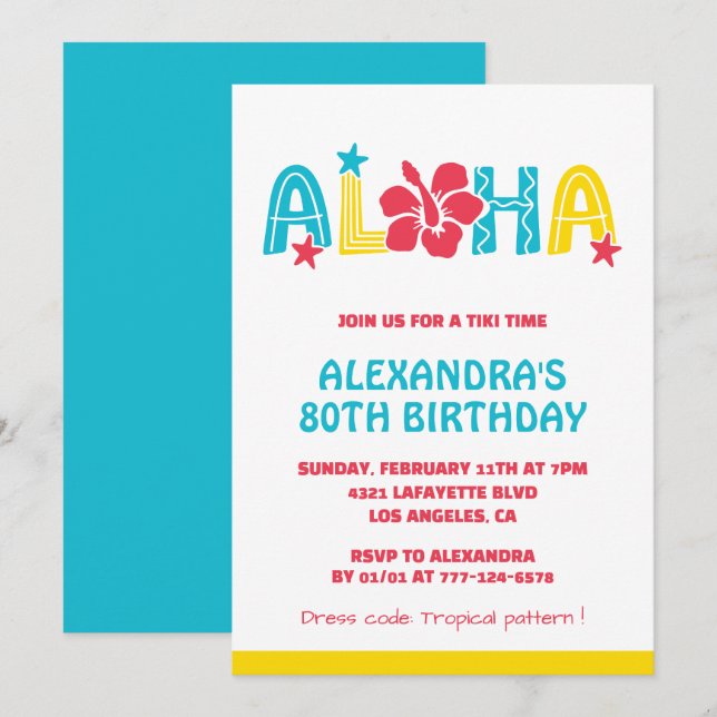 80th birthday invitations Tropical Aloha Hawaiian (Front/Back)