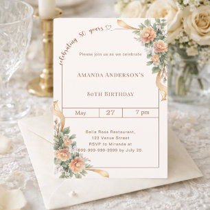 80th birthday ivory cream florals ribbon invitation