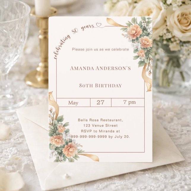 80th birthday ivory cream florals ribbon invitation (Creator Uploaded)