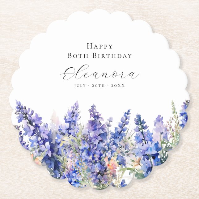 80th Birthday July Birth Flower Larkspur Custom Paper Coaster (Front)