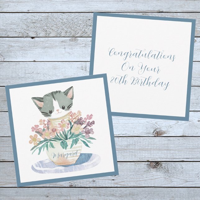 80th Birthday | Kitten Sitting In A Pot Of Flowers Card (Front And Back)