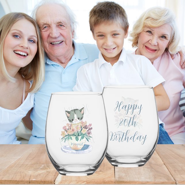 80th Birthday | Kitten Sitting In A Pot Of Flowers Stemless Wine Glass (Front And Back)