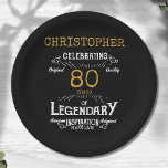 80th Birthday Legendary Black Gold Retro Paper Plate<br><div class="desc">For those celebrating their 80th birthday we have the ideal birthday party plates with a vintage feel. The black background with a white and gold vintage typography design design is simple and yet elegant with a retro feel. Easily customise the text of this birthday plate using the template provided. Part...</div>