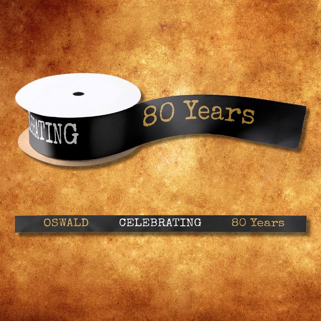 80th Birthday Legendary Black Gold Retro Satin Ribbon (For those celebrating an 80th birthday we have the ideal birthday party ribbon with a vintage feel.)