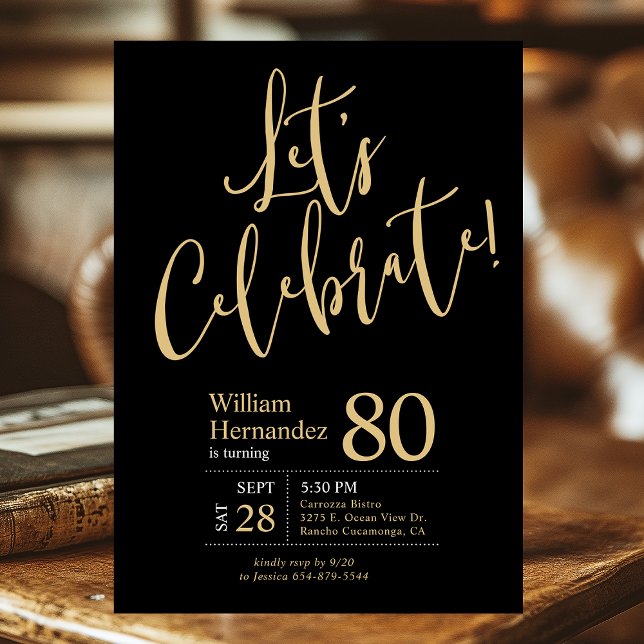80th Birthday Let's Celebrate Black Gold Invitation (Creator Uploaded)