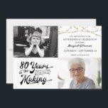 80th Birthday Lights Retro Typography Photos Invitation<br><div class="desc">Celebrate an 80th birthday with this birthday party invitation featuring a retro typography design stating 80 YEARS IN THE MAKING which incorporates their birth year within the design, bordered with string lights and includes two photos (perhaps use Then and Now photos for a fun invitation). Party invitation details are on...</div>
