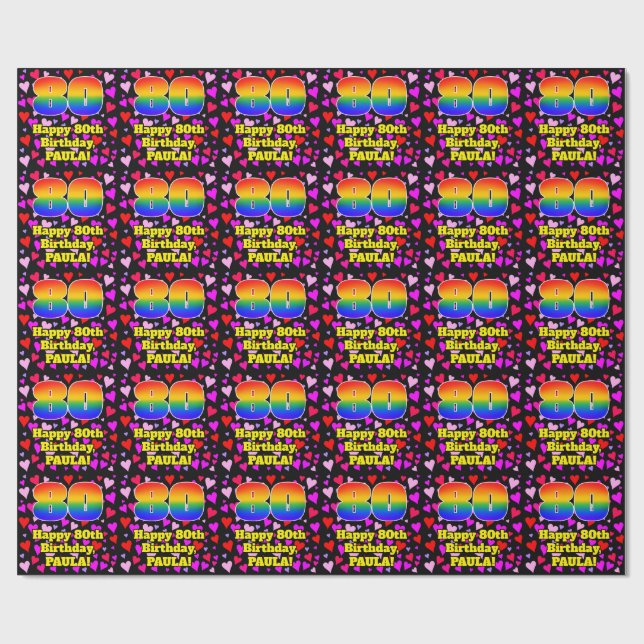 80th Birthday: Loving Hearts Pattern, Rainbow # 80 Wrapping Paper (Flat)