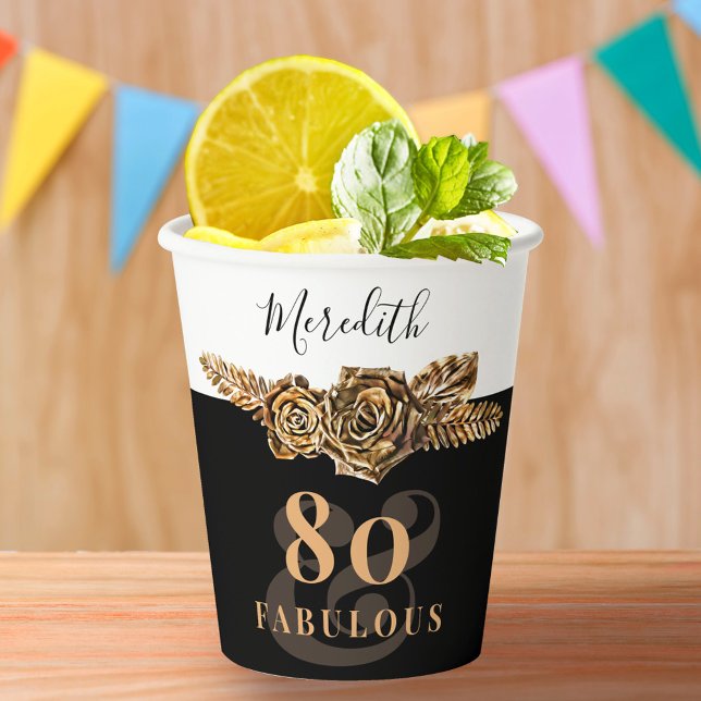 80th Birthday Luxury Golden Flowers Elegant Classy Paper Cups (Creator Uploaded)