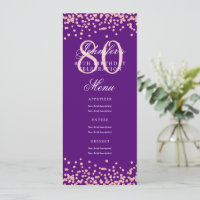 80th Birthday Menu Rose Gold Confetti Purple 