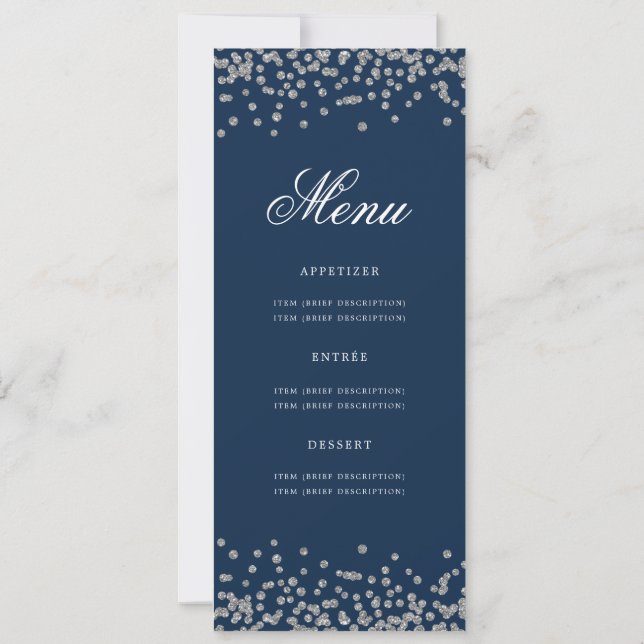 80th Birthday Menu Silver Confetti Navy Blue Invitation (Back)