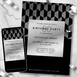 80th Birthday Modern Black Faux Silver Foil Invitation