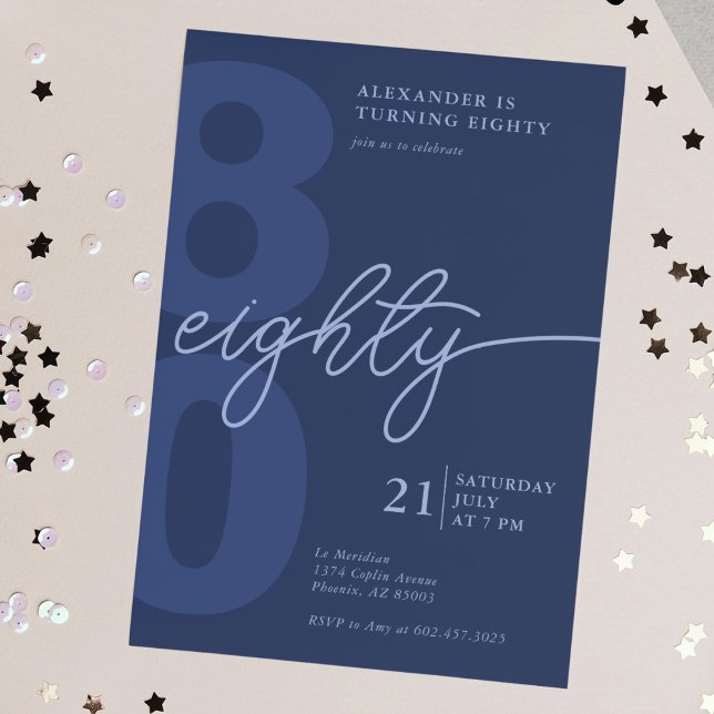 80th Birthday Modern Minimalist Navy  Invitation (Creator Uploaded)