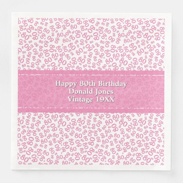 80th Birthday Modern Number Pattern Pink/White Napkin (Front)