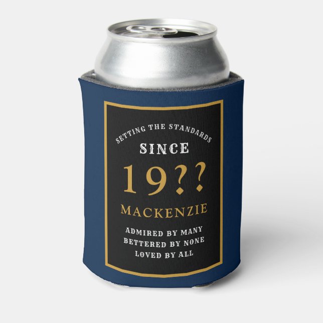 80th Birthday Monogram And Year Elegant Blue Can Cooler (Can Back)