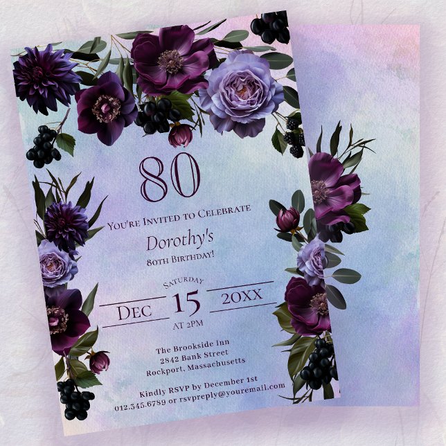 80th Birthday Moody Purple Gothic Flower Invitation (Creator Uploaded)