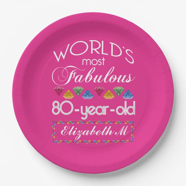 80th Birthday Most Fabulous Colourful Gems Pink Paper Plate (Front)