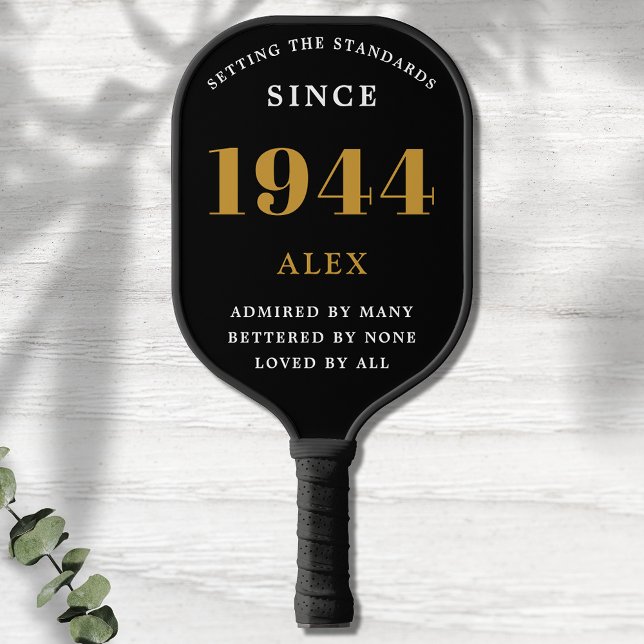 80th Birthday Name 1944 Black Gold Elegant Chic Pickleball Paddle (Chic '1944' 80th Birthday Black and Gold Personalized Pickleball Paddle)