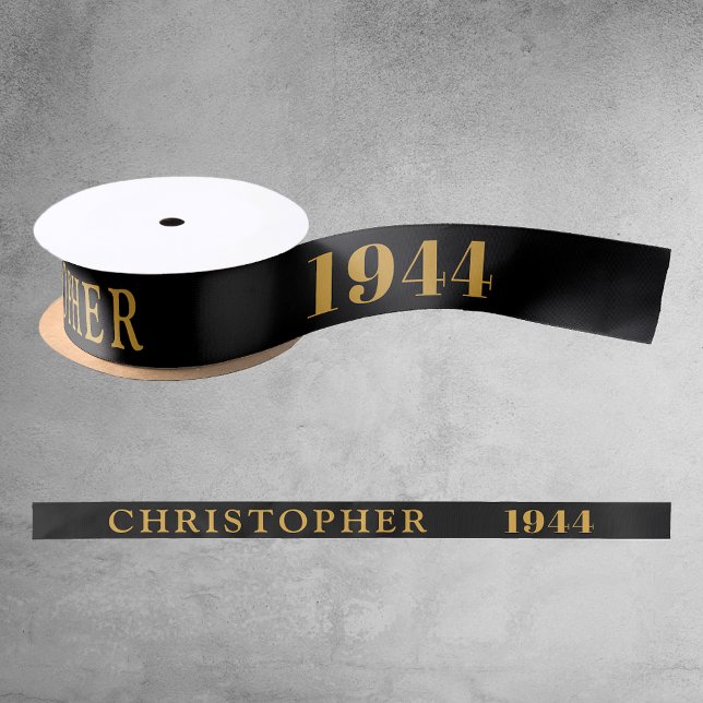 80th Birthday Name 1944 Black Gold Elegant Chic Satin Ribbon (80th Birthday Black Gold Elegant Chic Satin Ribbon Born 1944 - Personalized Celebration Accessory.)