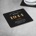 80th Birthday Name 1944 Black Gold Elegant Chic Square Paper Coaster<br><div class="desc">Premium 80th Birthday Black and Gold Personalised Paper Coasters - Celebration Elegance. Celebrate a milestone birthday in style with our chic, premium-quality, 80th Birthday paper coasters. Exquisitely designed with a striking black and gold colour scheme, these coasters add a touch of luxury and sophistication to any 80th birthday bash. Express...</div>