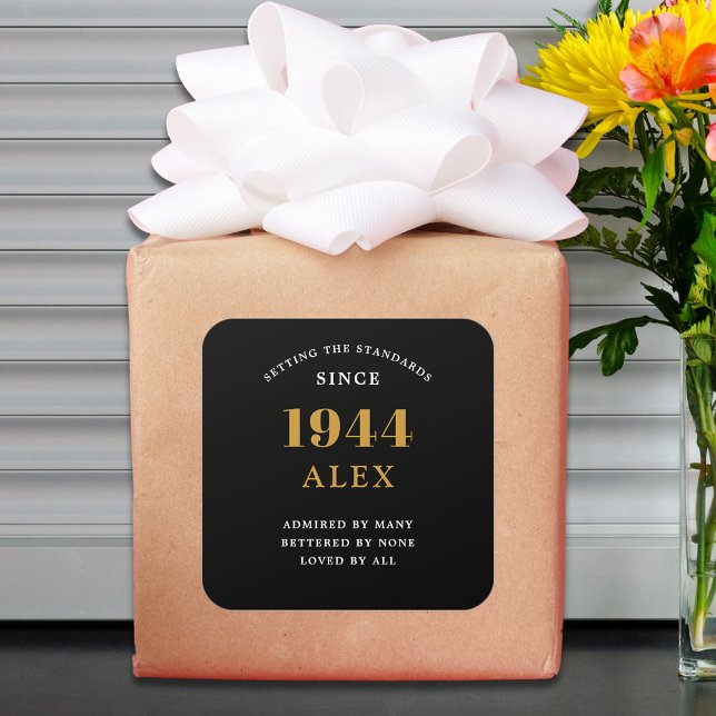 80th Birthday Name 1944 Black Gold Elegant Chic Square Sticker (80th Birthday 1944 Elegance: Exceptionally Chic Black and Gold Square Sticker.)