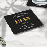 80th Birthday Name 1945 Black Gold Elegant Chic<br><div class="desc">Premium 80th Birthday Black and Gold Personalised Paper Coasters - Celebration Elegance. Celebrate a milestone birthday in style with our chic, premium-quality, 80th Birthday paper coasters. Exquisitely designed with a striking black and gold colour scheme, these coasters add a touch of luxury and sophistication to any 80th birthday bash. Express...</div>