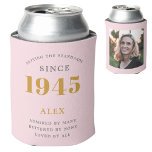 80th Birthday Name 1945 Chic Pink Grey Photo Can Cooler<br><div class="desc">A personalised elegant can cooler that is easy to customise for that special birthday party occasion.</div>