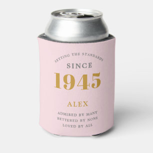 80th Birthday Name 1945 Pink Grey Elegant Chic Can Cooler