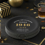 80th Birthday Name 1946 Black Gold Elegant Chic Paper Plate<br><div class="desc">Sophisticated 80th Birthday Unique Black & Gold Party Paper Plates. Celebrating a milestone birthday should be a memorable experience, and what better way to ensure that than with our sophisticated black and gold 80th Birthday Party Paper Plates? Designed in sleek black with an elegant gold highlight, these plates are printed...</div>